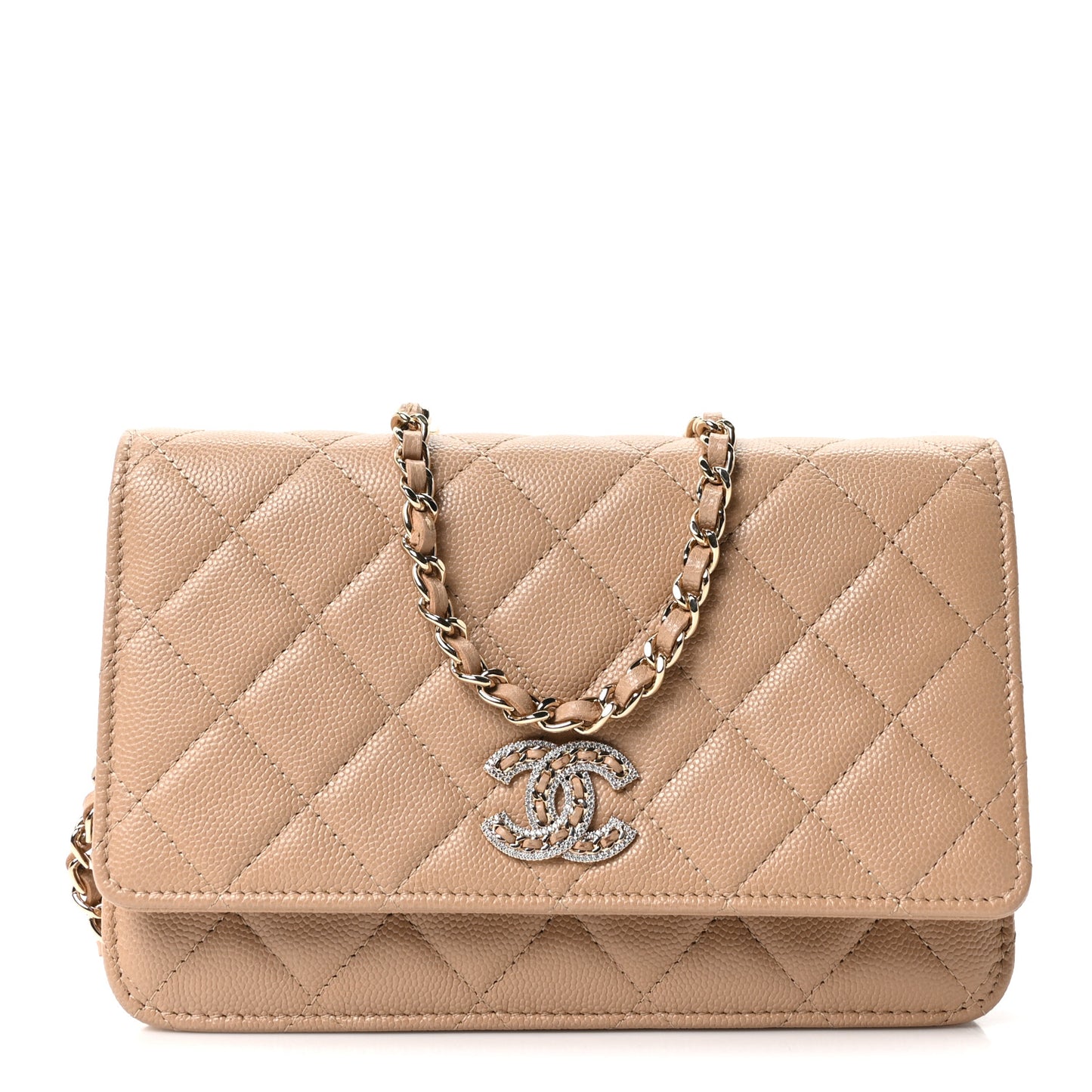 Caviar Quilted Crystal CC Wallet On Chain WOC Beige