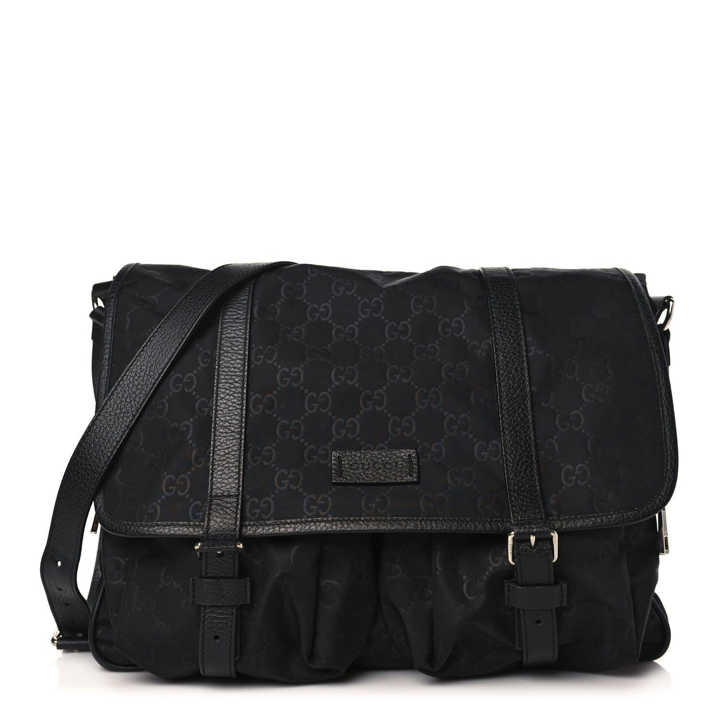 Nylon Monogram Double Buckle Flap Messenger Bag Black