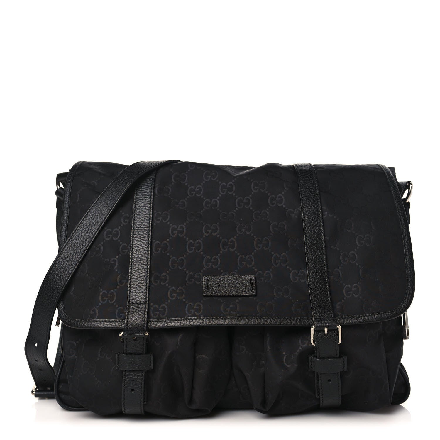 Gucci Nylon Monogram Double Buckle Flap Messenger Bag Black 1 of 9