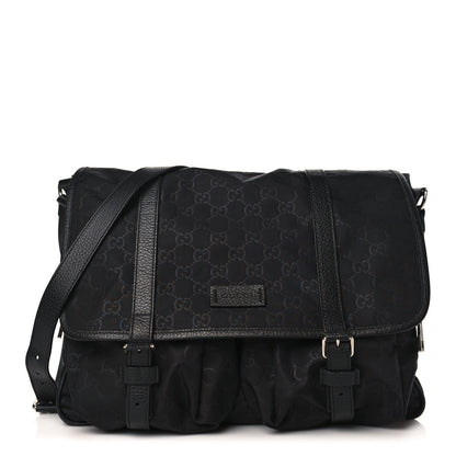 Gucci Nylon Monogram Double Buckle Flap Messenger Bag Black 1 of 9