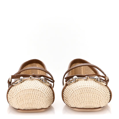 Gucci Raffia Nappa Horsebit Ballerina Flats 38.5 Natural Sundial 3 of 9