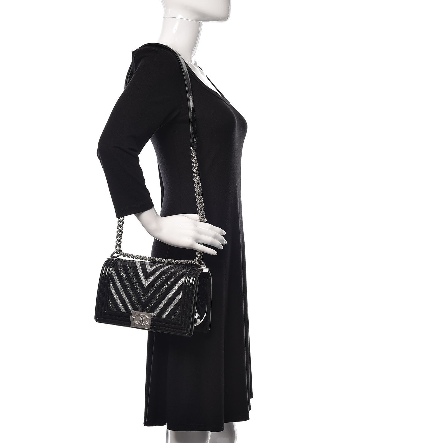 Patent Glitter PVC Chevron Quilted Medium Boy Flap Black Silver