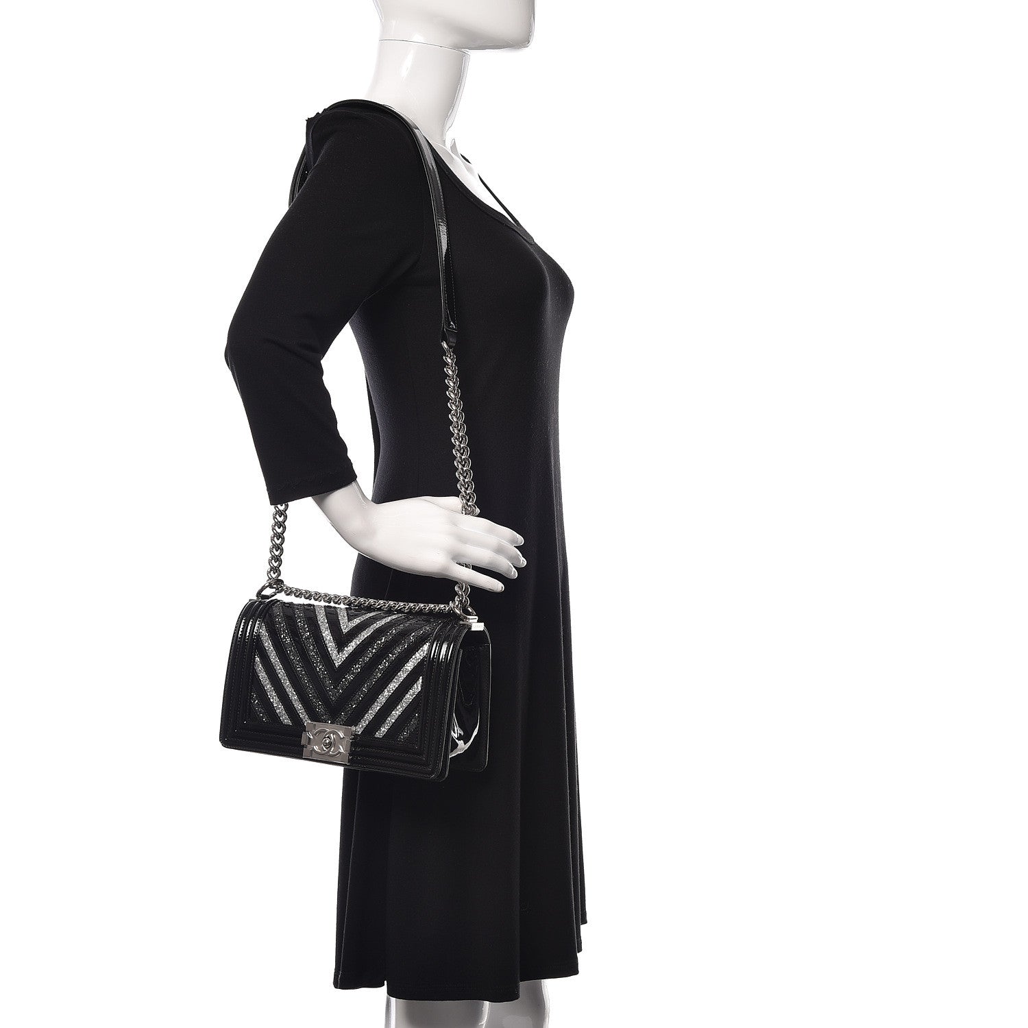 Chanel Patent Glitter PVC Chevron Quilted Medium Boy Flap Black Silver 2 of 11