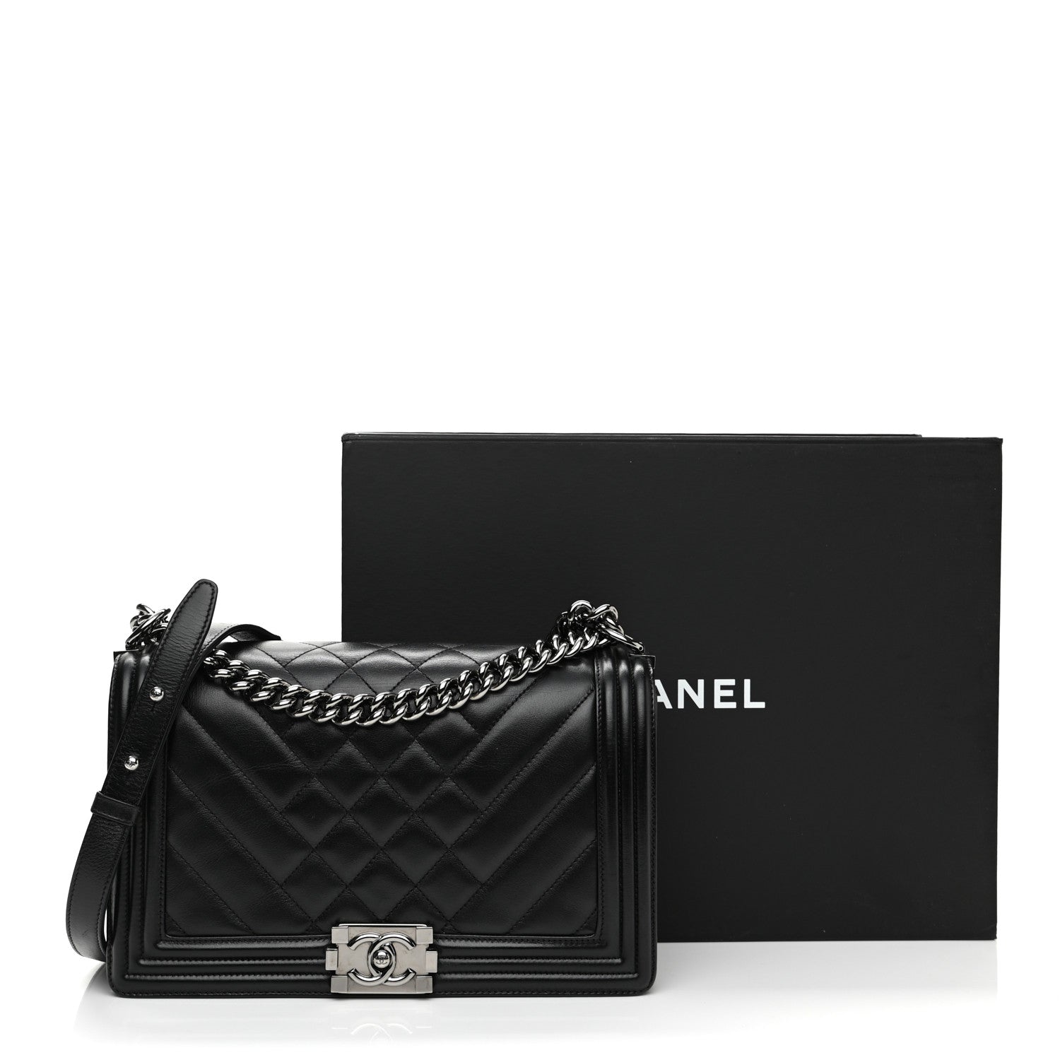 Chanel Calfskin Chevron Quilted Medium Boy Flap Black 12 of 12