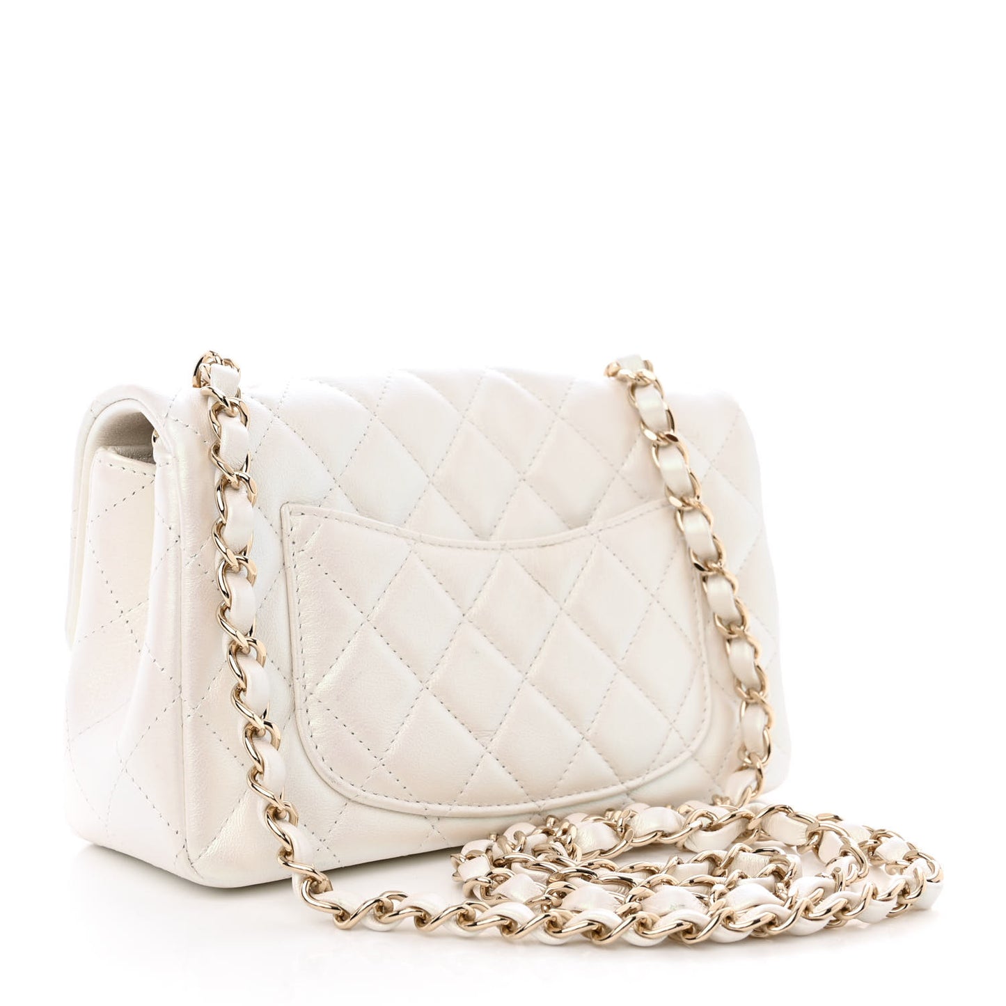 Iridescent Calfskin Quilted Mini Rectangular Flap White