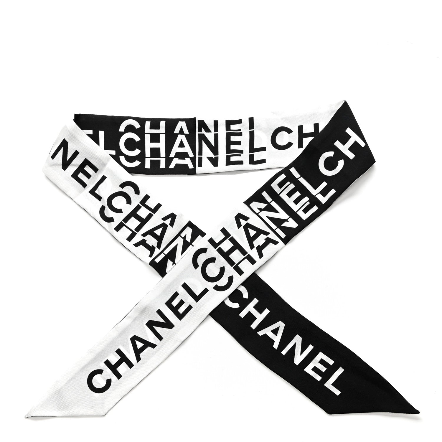 Chanel Silk Logo Slim Bandeau Scarf Black White 1 of 4