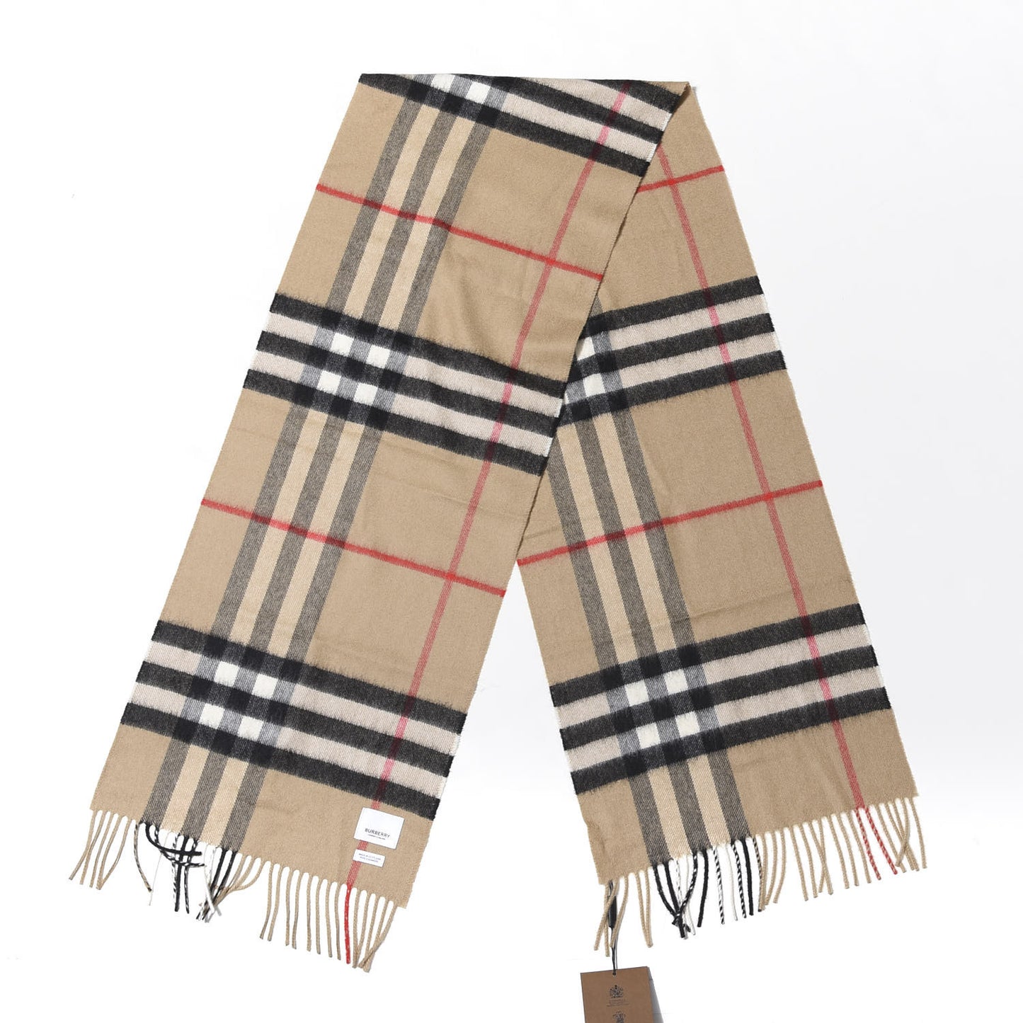 Cashmere Giant Check Fringe Scarf Archive Beige