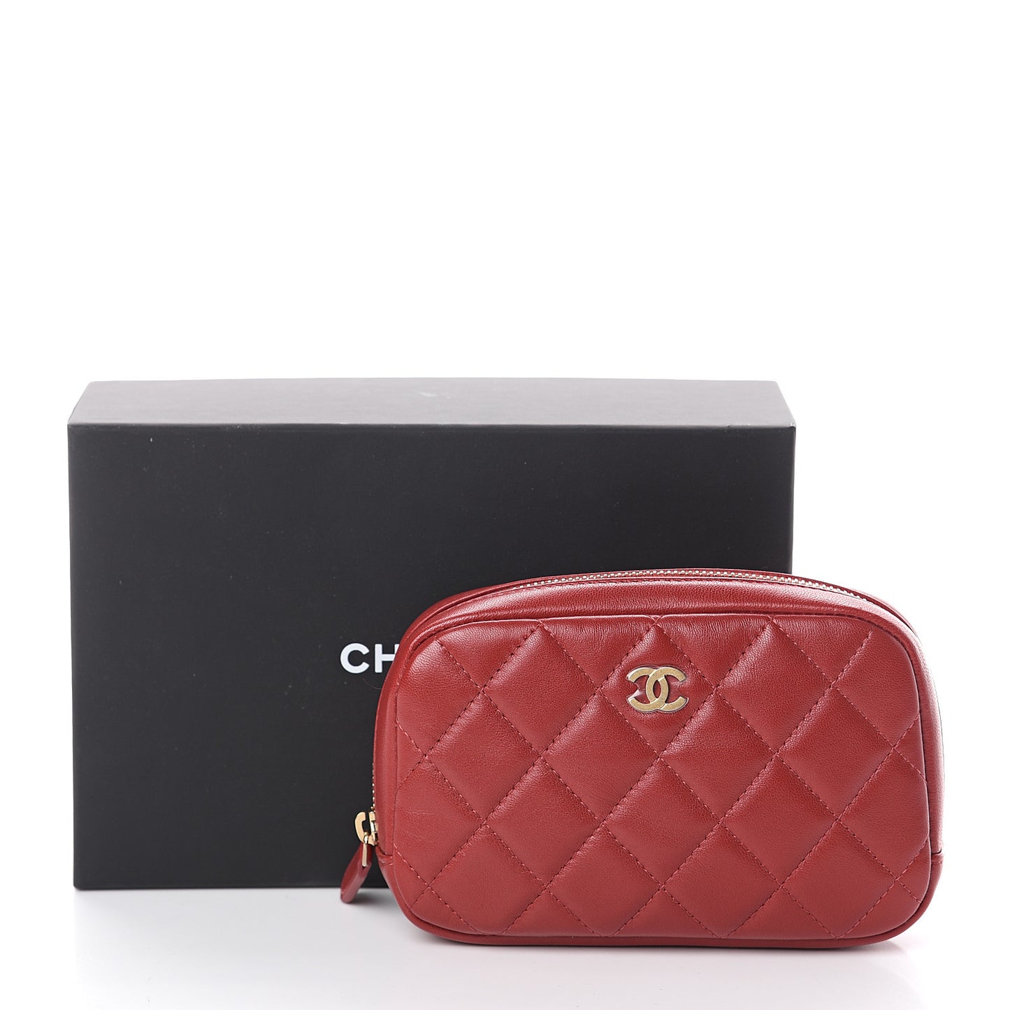 Lambskin Quilted Small Curvy Pouch Cosmetic Case Red
