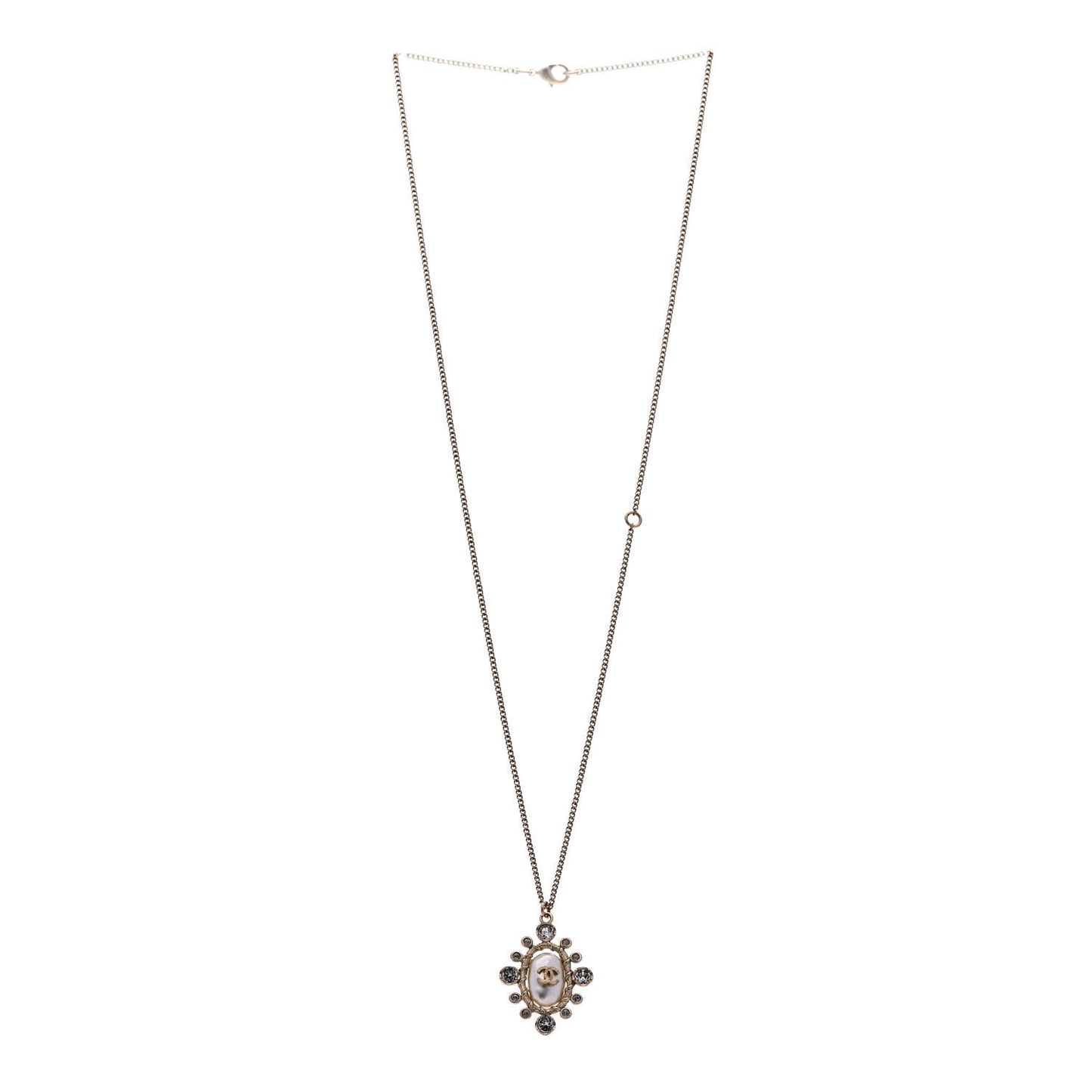 Pearl Crystal CC Pendant Necklace Gold White