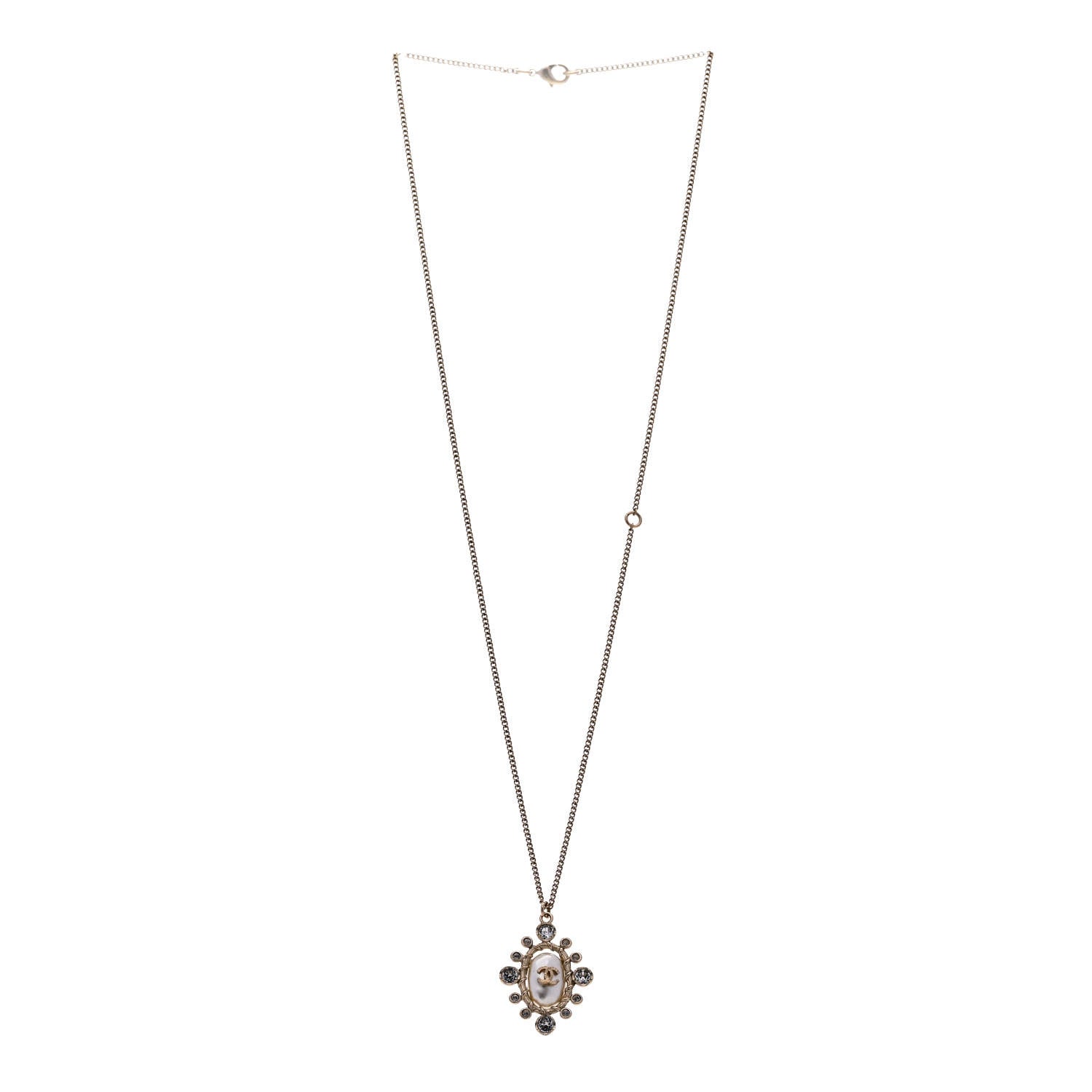 Chanel Pearl Crystal CC Pendant Necklace Gold White 3 of 5