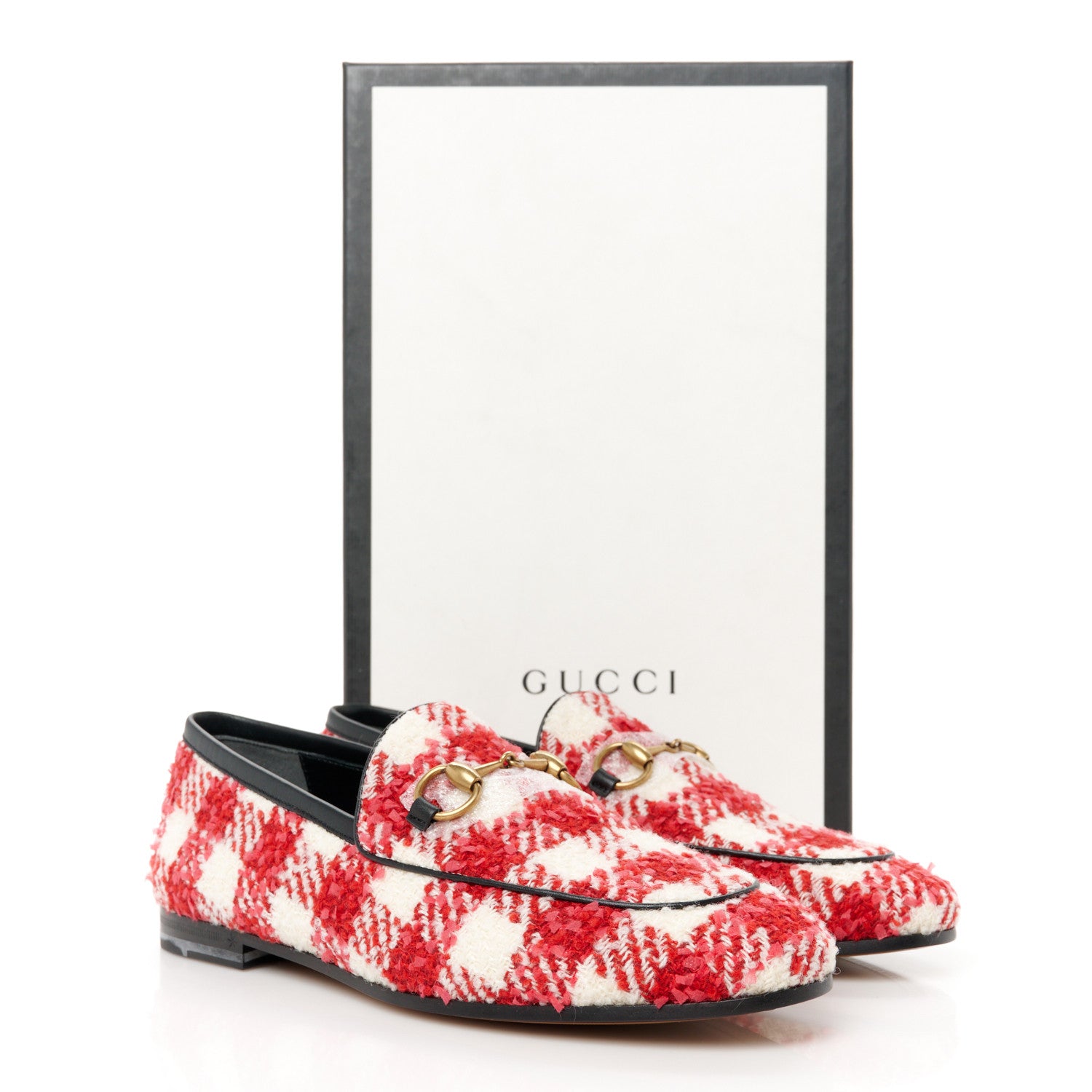 Gucci Vintage Tweed Check Horsebit Womens Jordaan Loafers 36 White Red 9 of 9