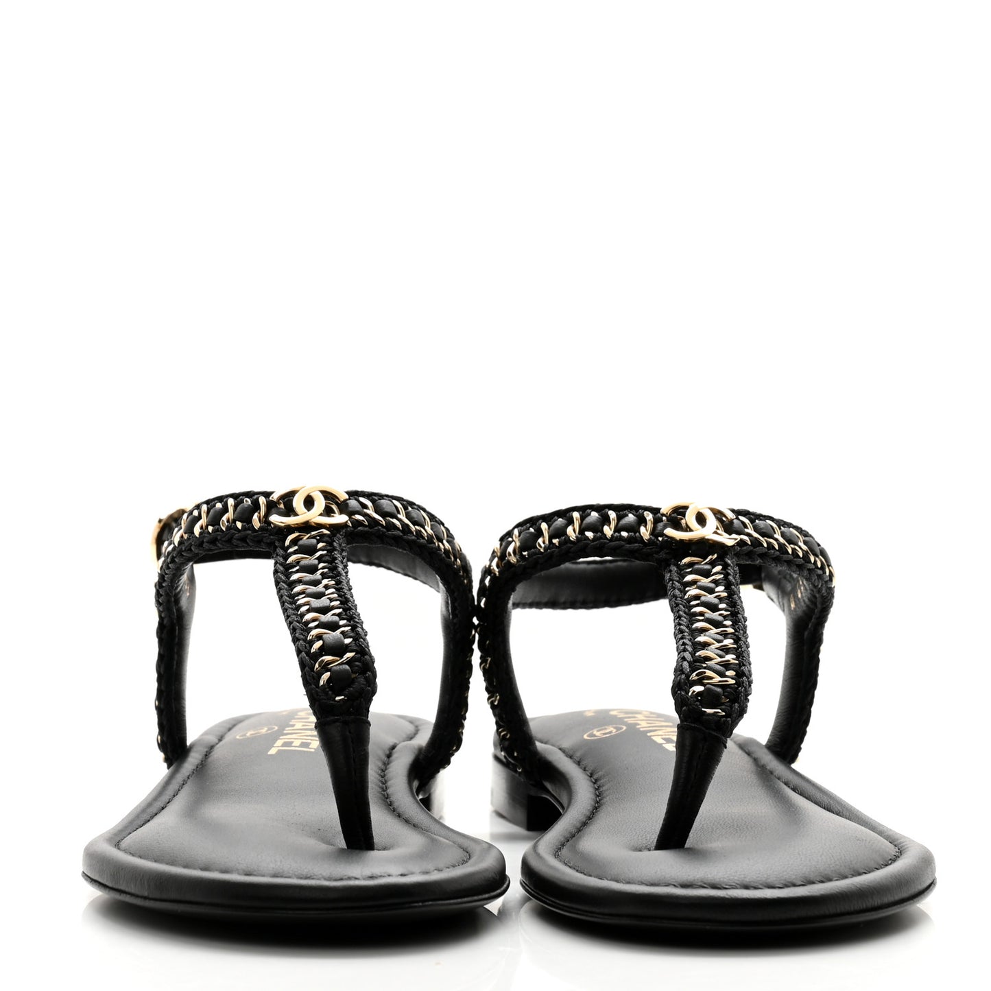 Lambskin Embroidered CC Thong Sandals 36 Black