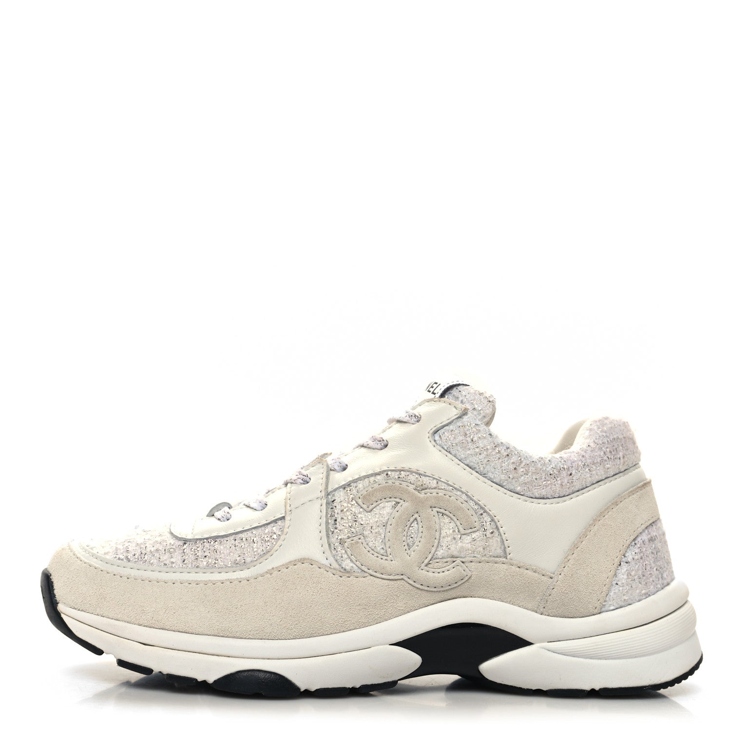 Chanel Painted Iridescent Cotton Tweed Suede Calfskin Womens CC Sneakers 37.5 White Silver Multicolor 1 of 8