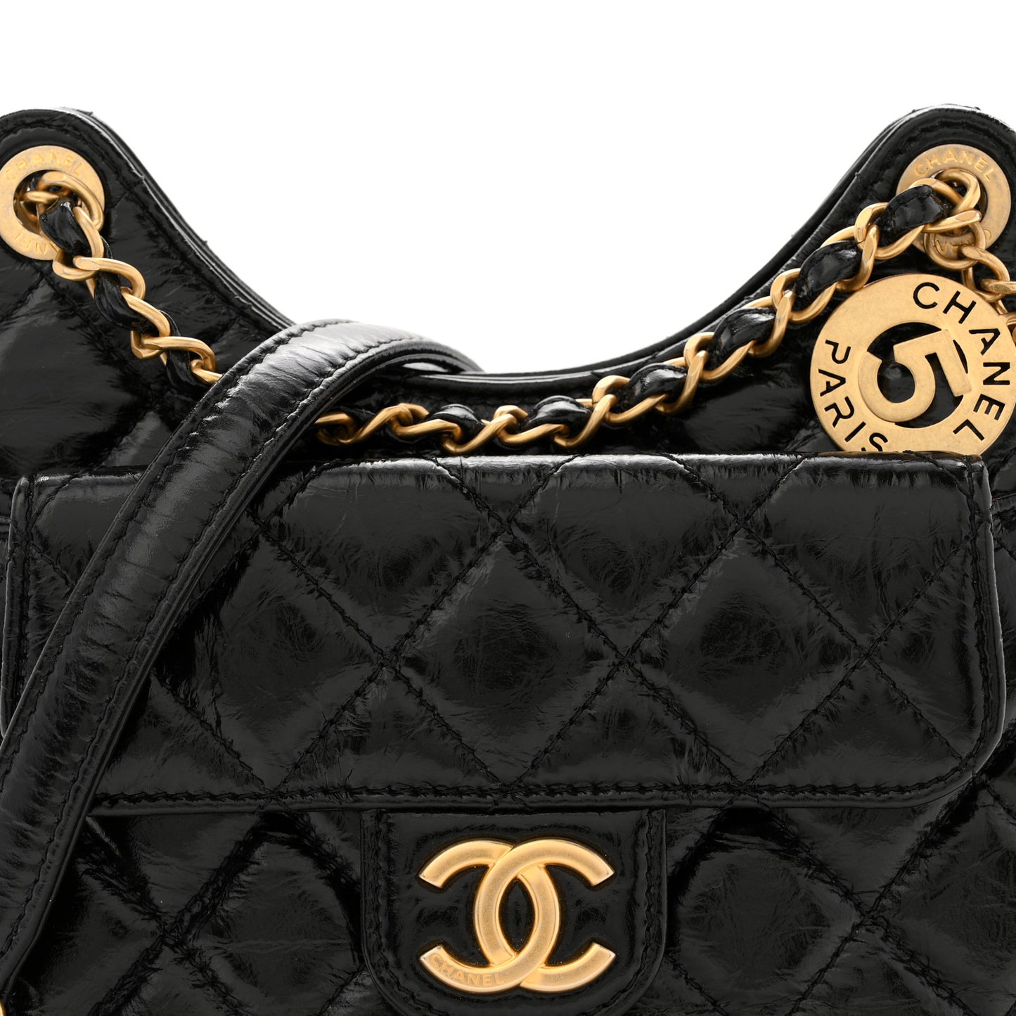 Shiny Crumpled Calfskin Quilted Small Wavy CC Hobo Black