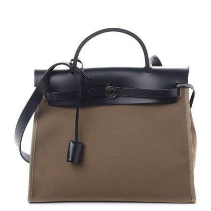 Hermes Vache Hunter Toile Herbag Zip 31 PM Etoupe Bleu Saphir 1 of 10