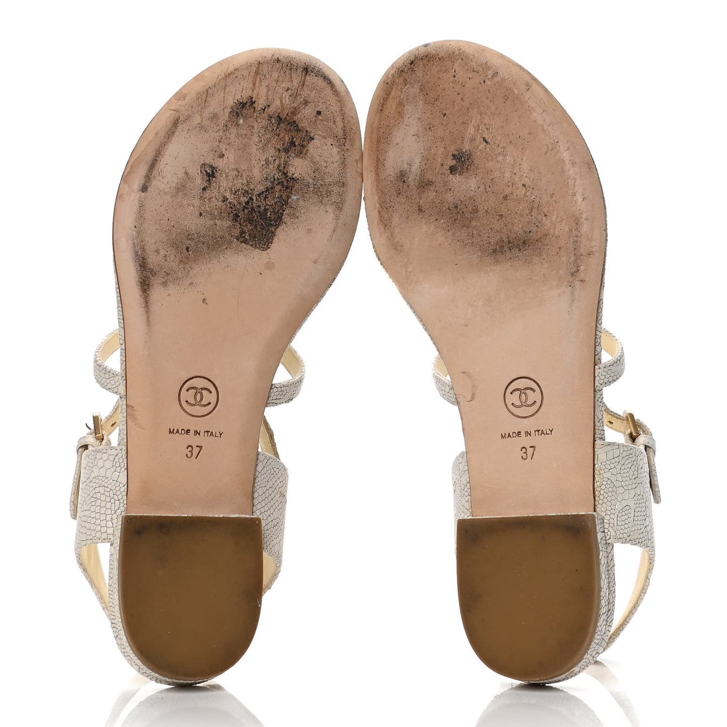 Crackled Calfskin CC Thong Sandals 37 White Black