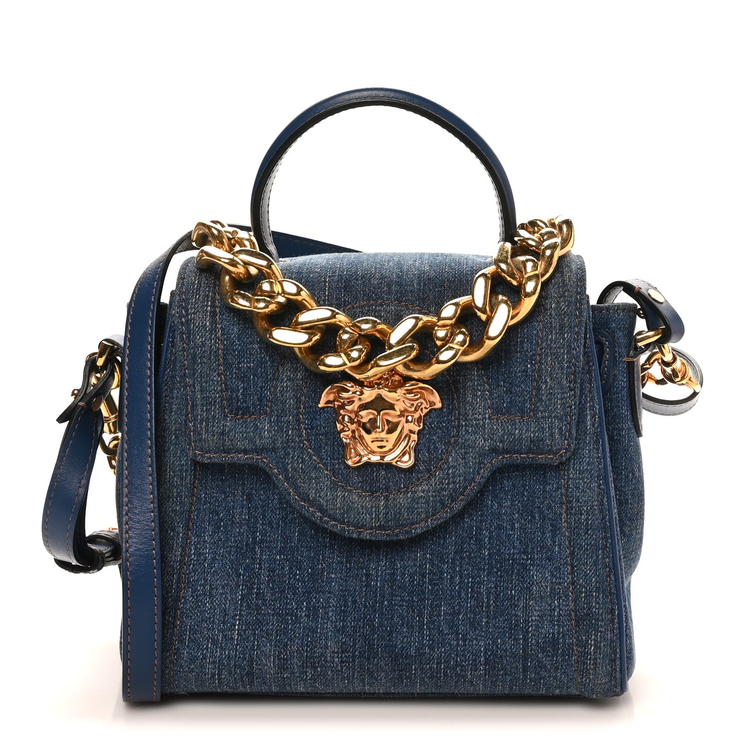 VERSACE ネイビーパーティーバッグ Versace Denim La Medusa Chain Tote Navy Blue 1836318 – FASHIONPHILE