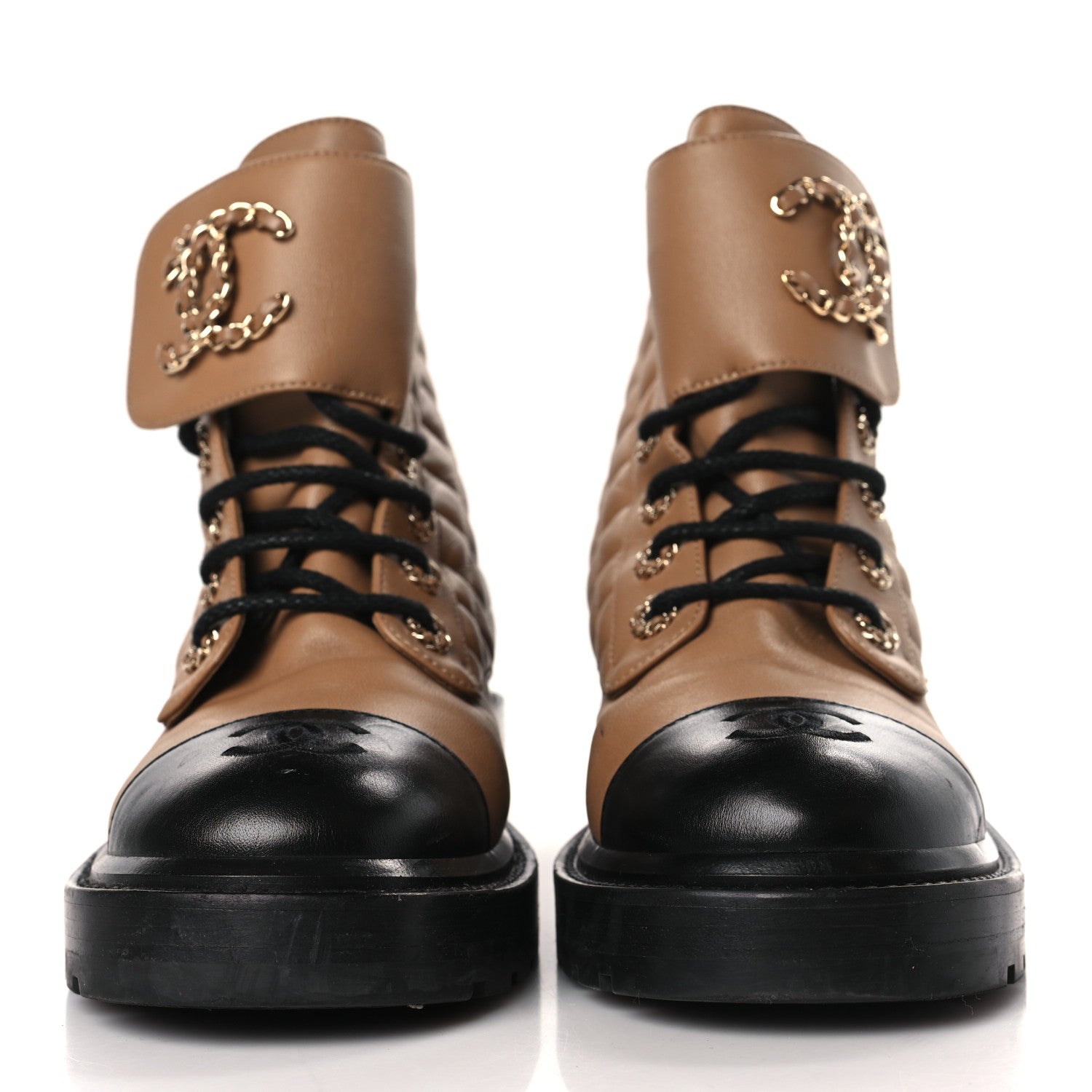 Chanel Lambskin Calfskin Quilted Lace Up Combat Boots 39 Light Brown Black 2 of 7