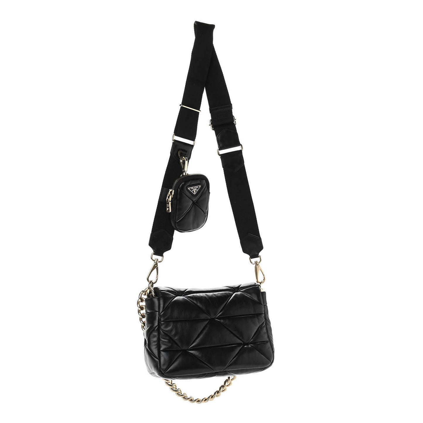 Nappa Re-Nylon Triangle Quilted Patchwork System Flap Shoulder Bag Black