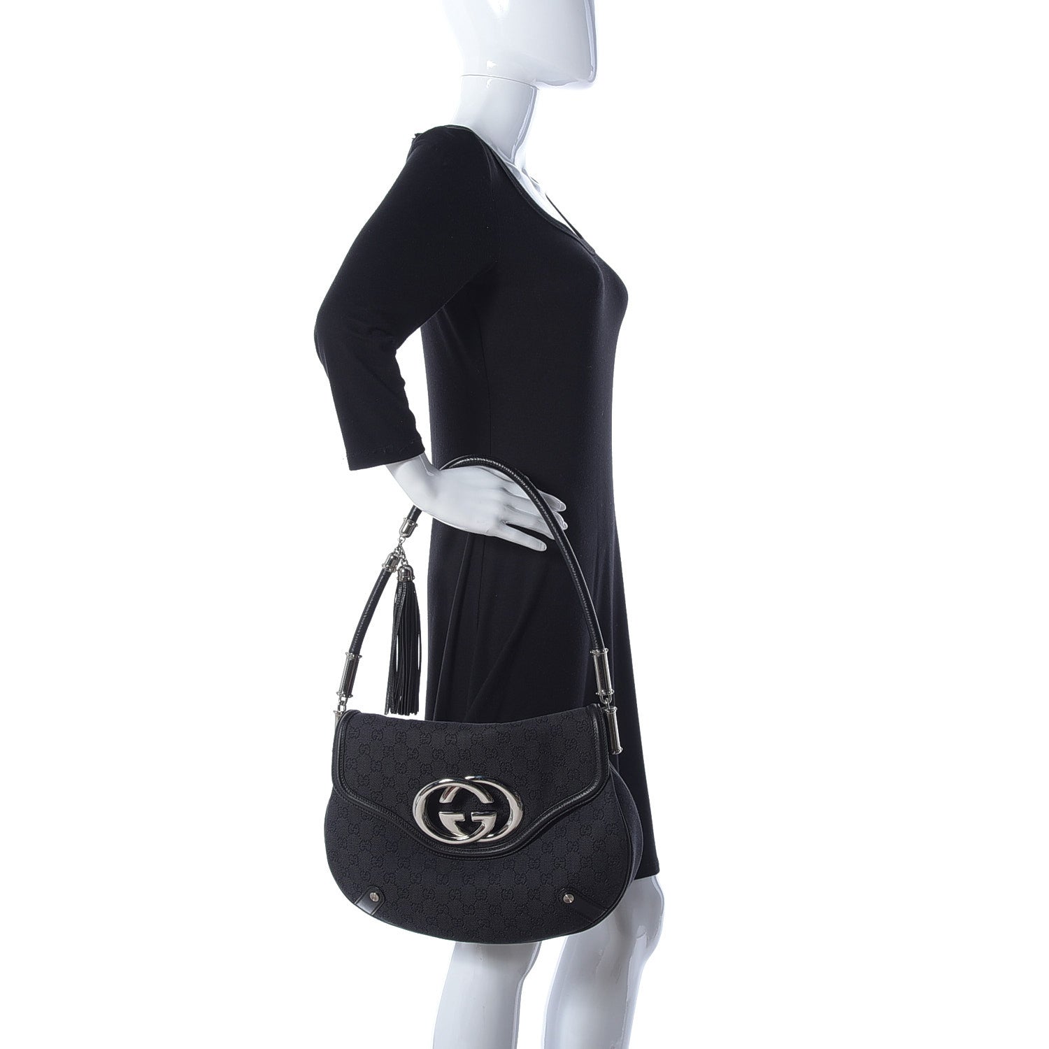 Gucci Denim Monogram Britt Tassel Shoulder Bag Black 2 of 17