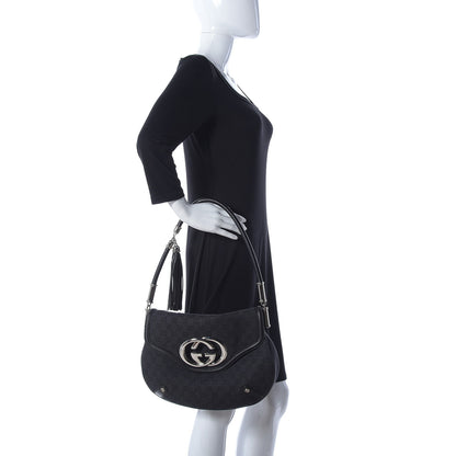Gucci Denim Monogram Britt Tassel Shoulder Bag Black 2 of 17