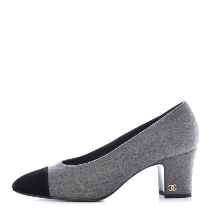 Chanel Wool Velvet Cap Toe Pumps 37 Grey Black 1 of 9