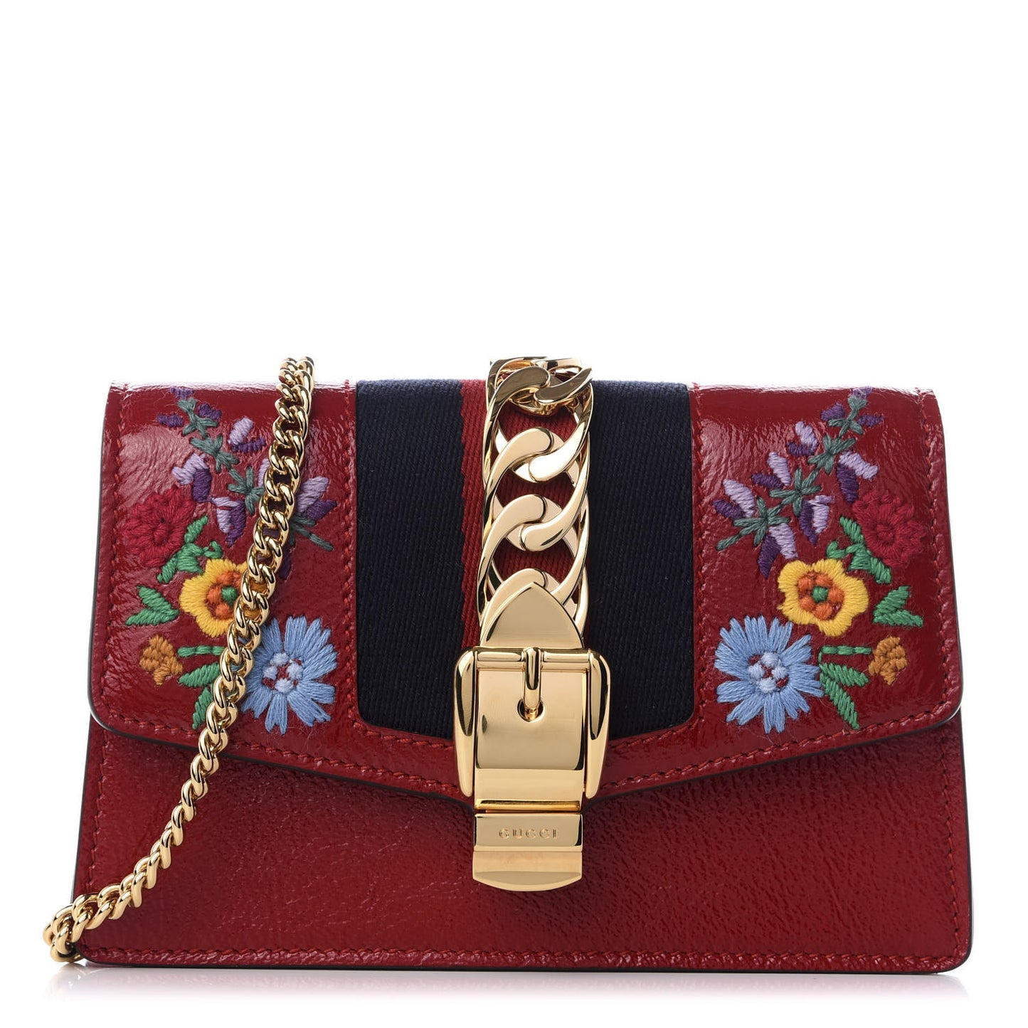 Patent Embroidered Super Mini Sylvie Chain Shoulder Bag Red