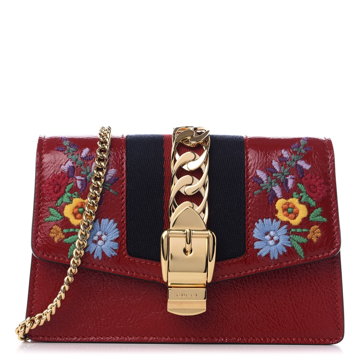 Gucci Patent Embroidered Super Mini Sylvie Chain Shoulder Bag Red 1 of 9