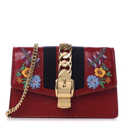 Gucci Patent Embroidered Super Mini Sylvie Chain Shoulder Bag Red 1 of 9