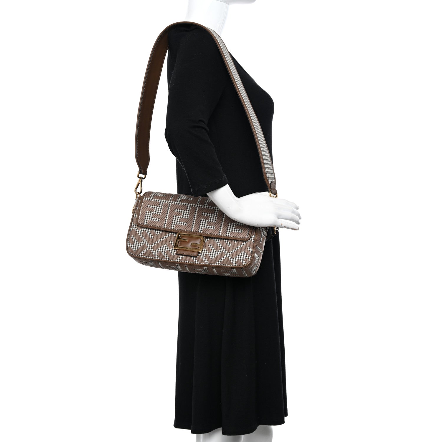 Fendi Wool Vitello King Houndstooth FF Embroidered Baguette Beige Moro 3 of 11