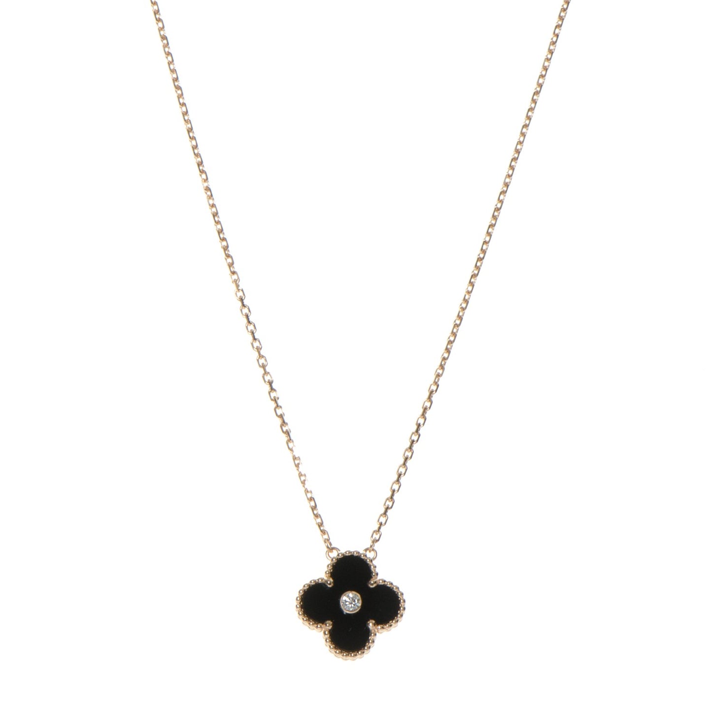 18K Rose Gold Diamond Black Onyx Vintage Alhambra Pendant Necklace