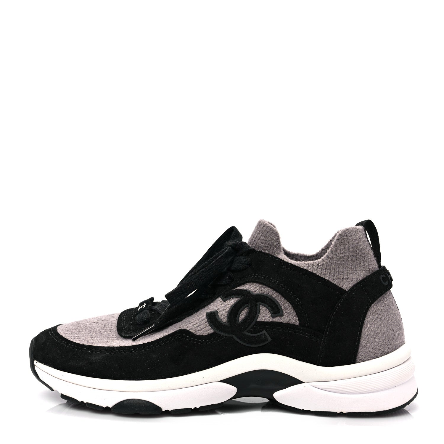 Chanel Fabric Suede Calfskin CC Sneakers 36.5 Grey Black 1 of 8