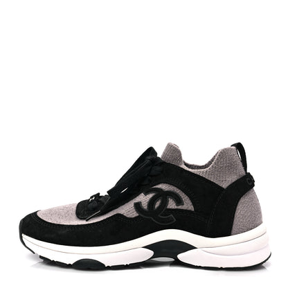 Chanel Fabric Suede Calfskin CC Sneakers 36.5 Grey Black 1 of 8