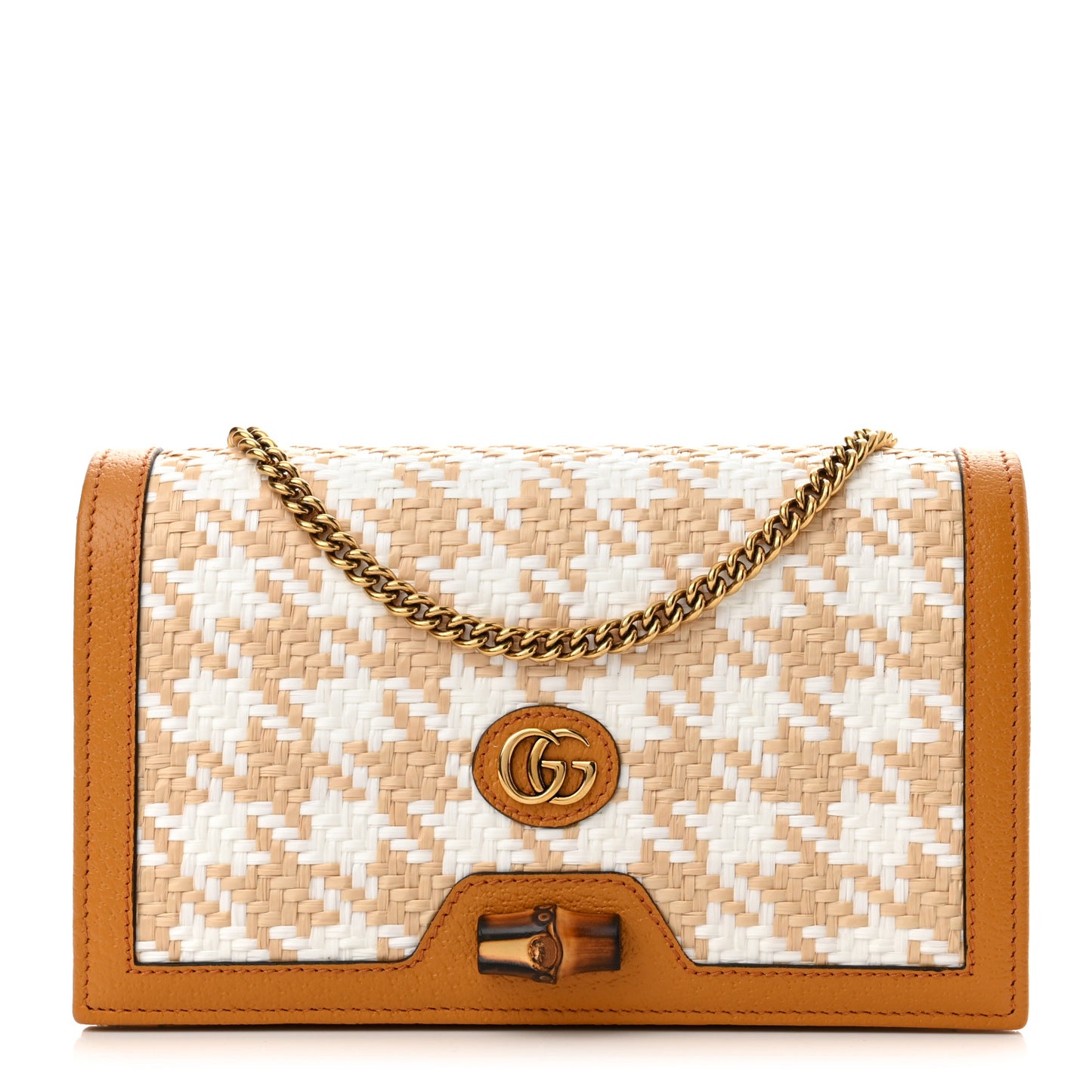 Polished Raffia Textured Dollar Calfskin Houndstooth Mini Diana Chain Bag Natural Sun Oil Mystic White