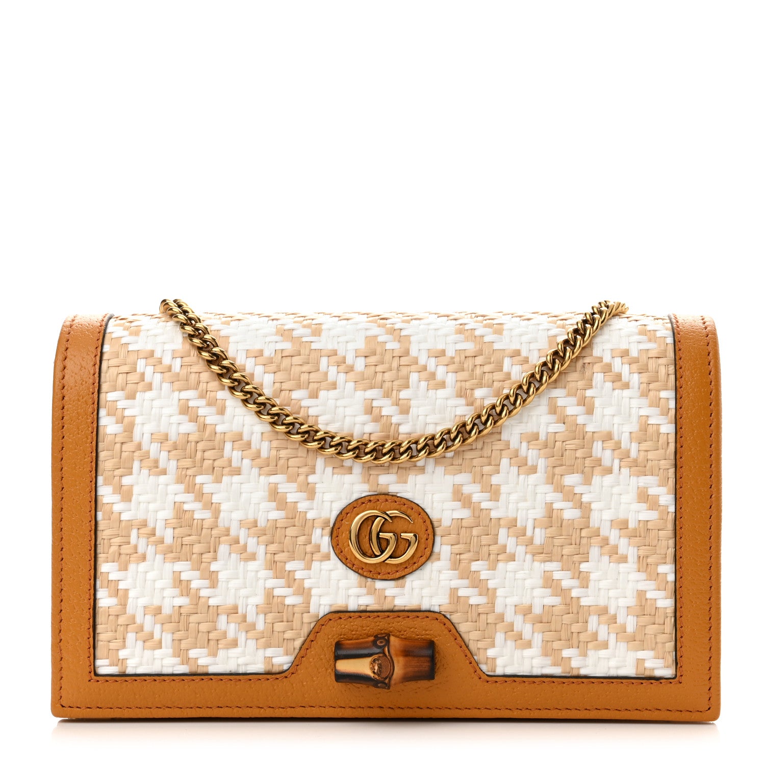Gucci Polished Raffia Textured Dollar Calfskin Houndstooth Mini Diana Chain Bag Natural Sun Oil Mystic White 1 of 11