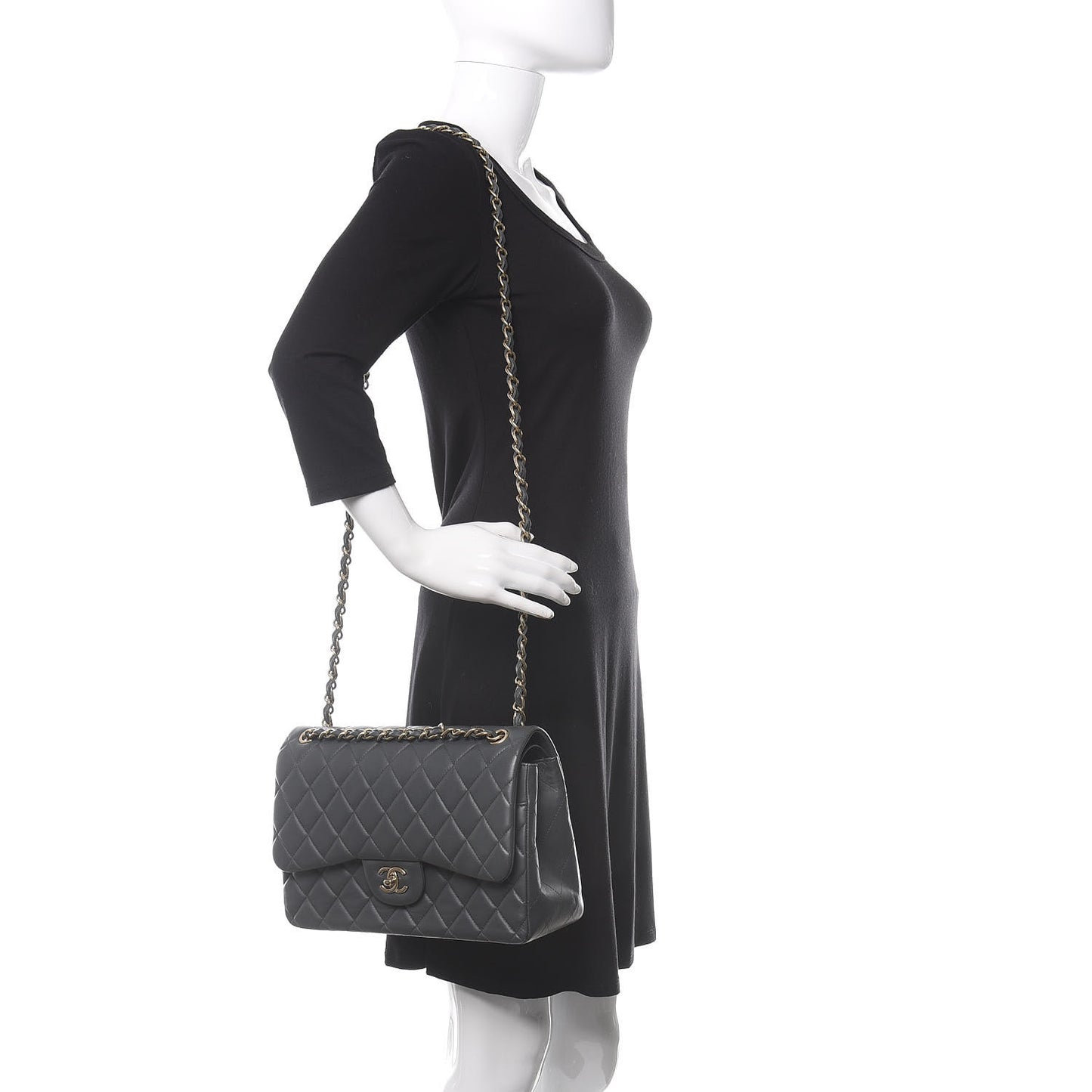 Lambskin Quilted Jumbo Double Flap Dark Grey