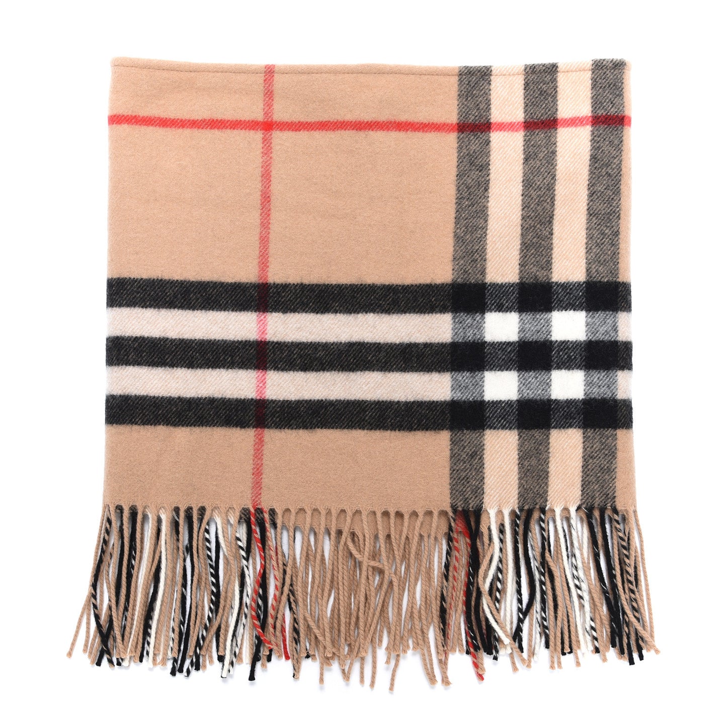 Cashmere Wool Classic Check Infinity Fringe Scarf Camel