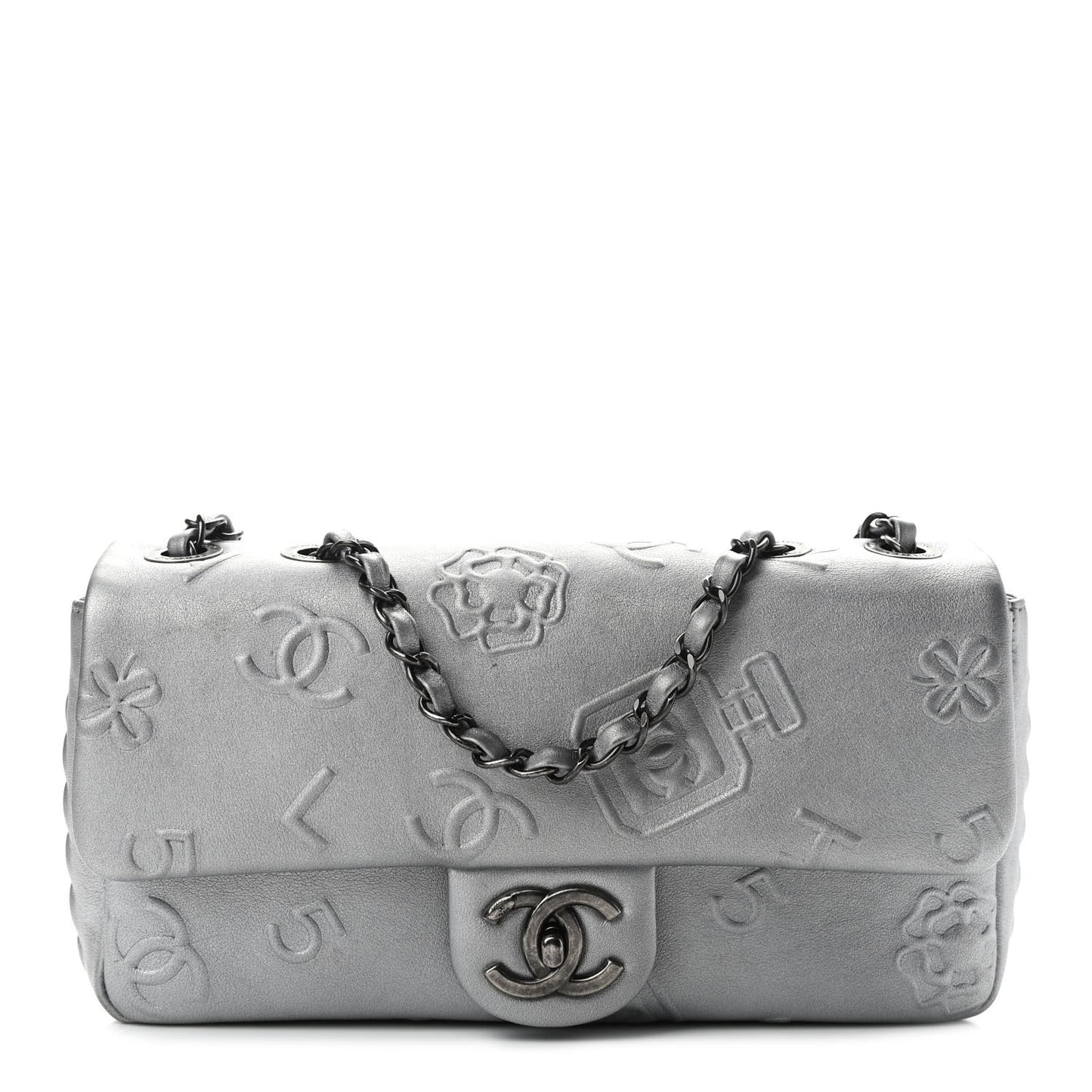 Metallic Lambskin Symbols Medium Single Flap Silver