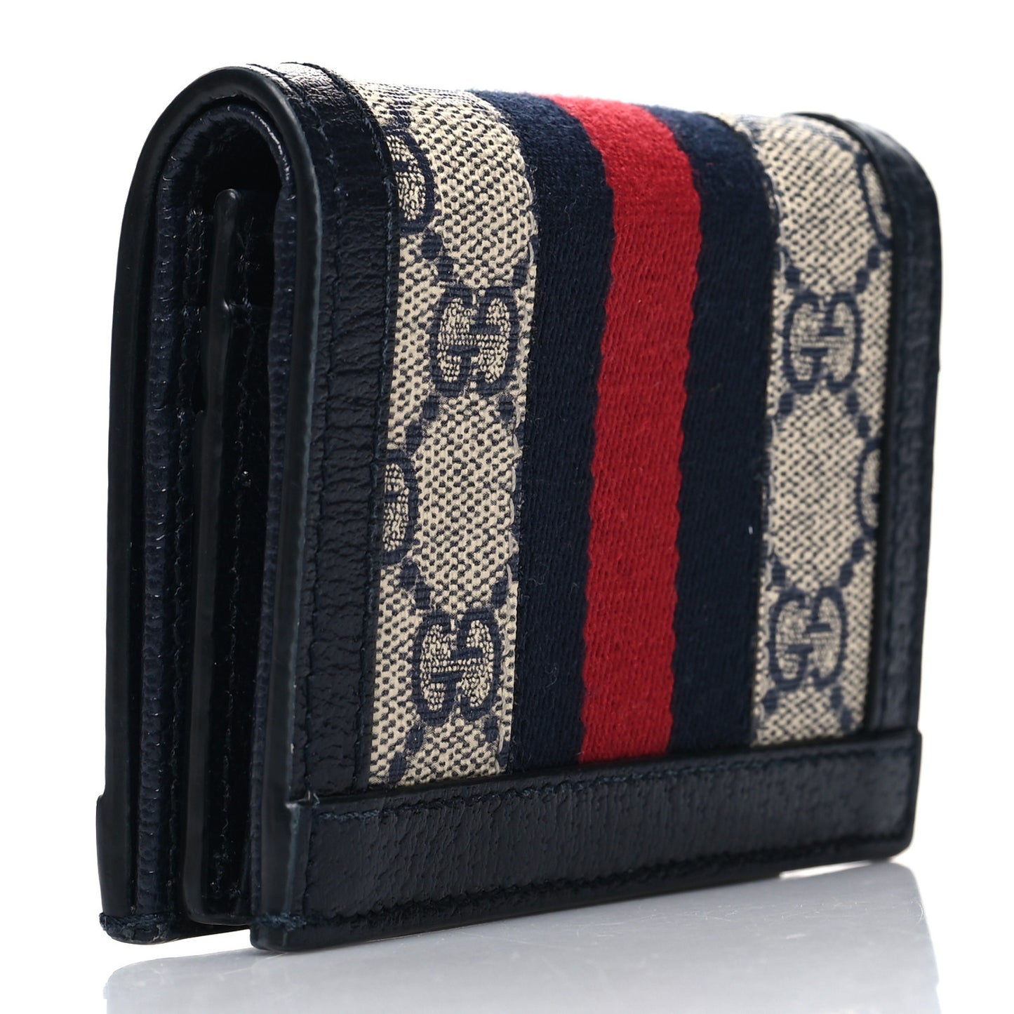 GG Supreme Monogram Textured Dollar Calfskin Web Ophidia Card Case Beige Blue