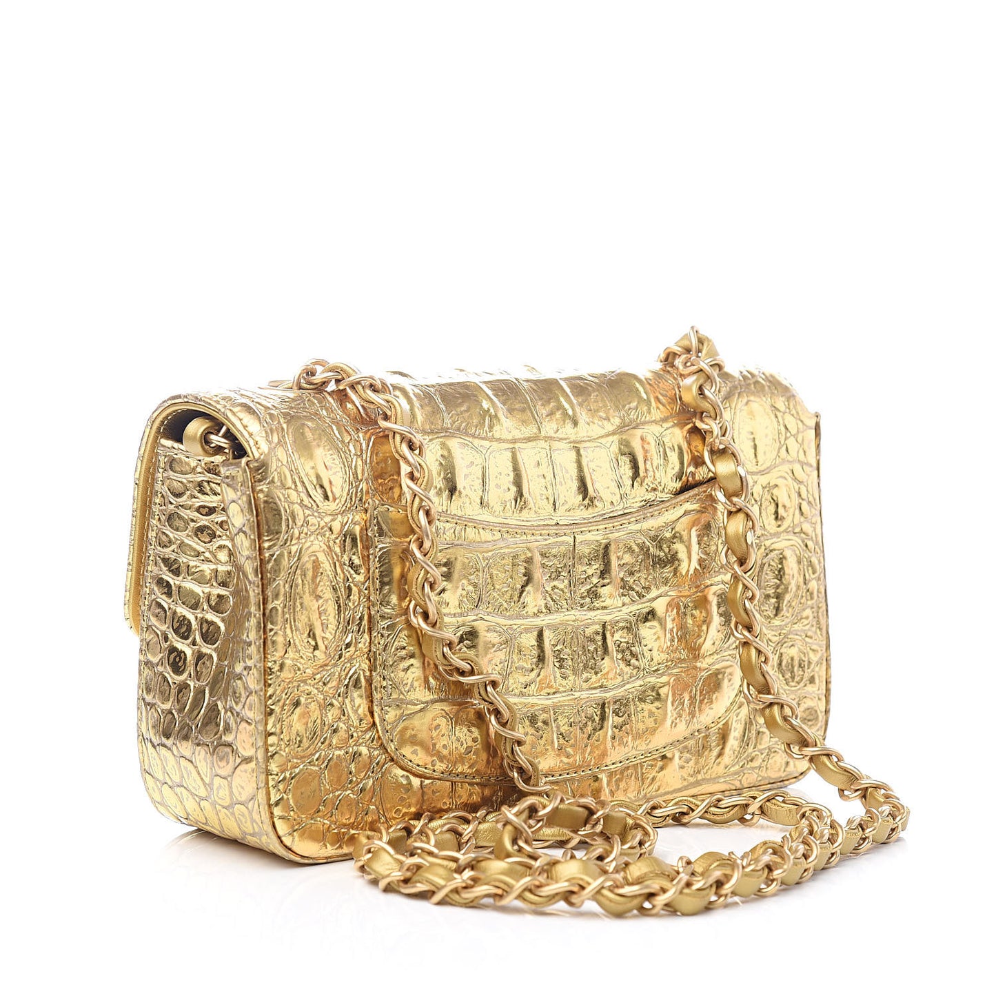 Metallic Calfskin Crocodile Embossed Cocodile Rectangular Mini Flap Gold
