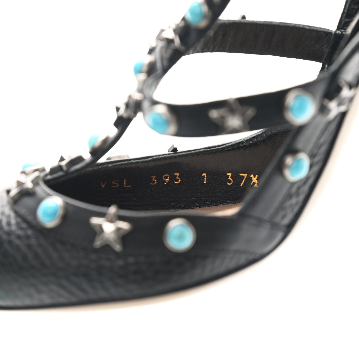 Pebbled Calfskin Stars Turquoise Rockstud Rolling Ankle Strap 100mm Pumps 37.5 Black
