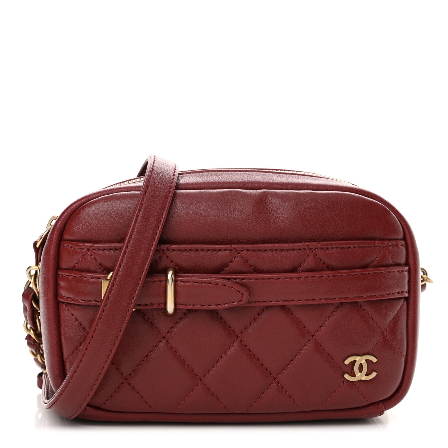 Lambskin Quilted Small Buckle Camera Case Bag Burgundy