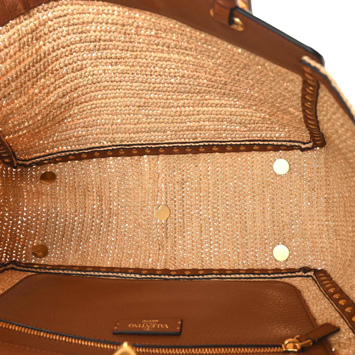 Raffia Calfskin Rockstud Tote Naturale Saddle Brown