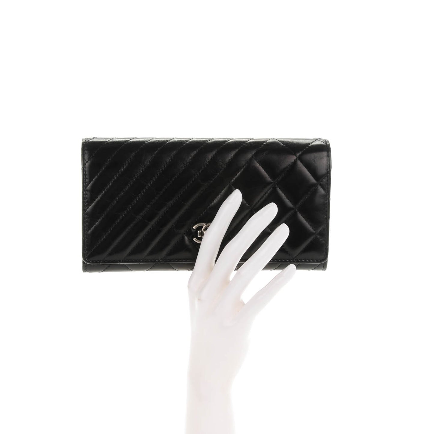 Glazed Calfskin Quilted Coco Boy Large Gusset Flap Wallet Black