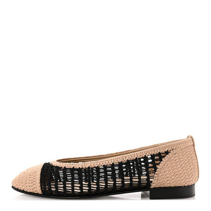 Chanel Raffia Cap Toe Ballerina Flats 37 Black Beige 1 of 10