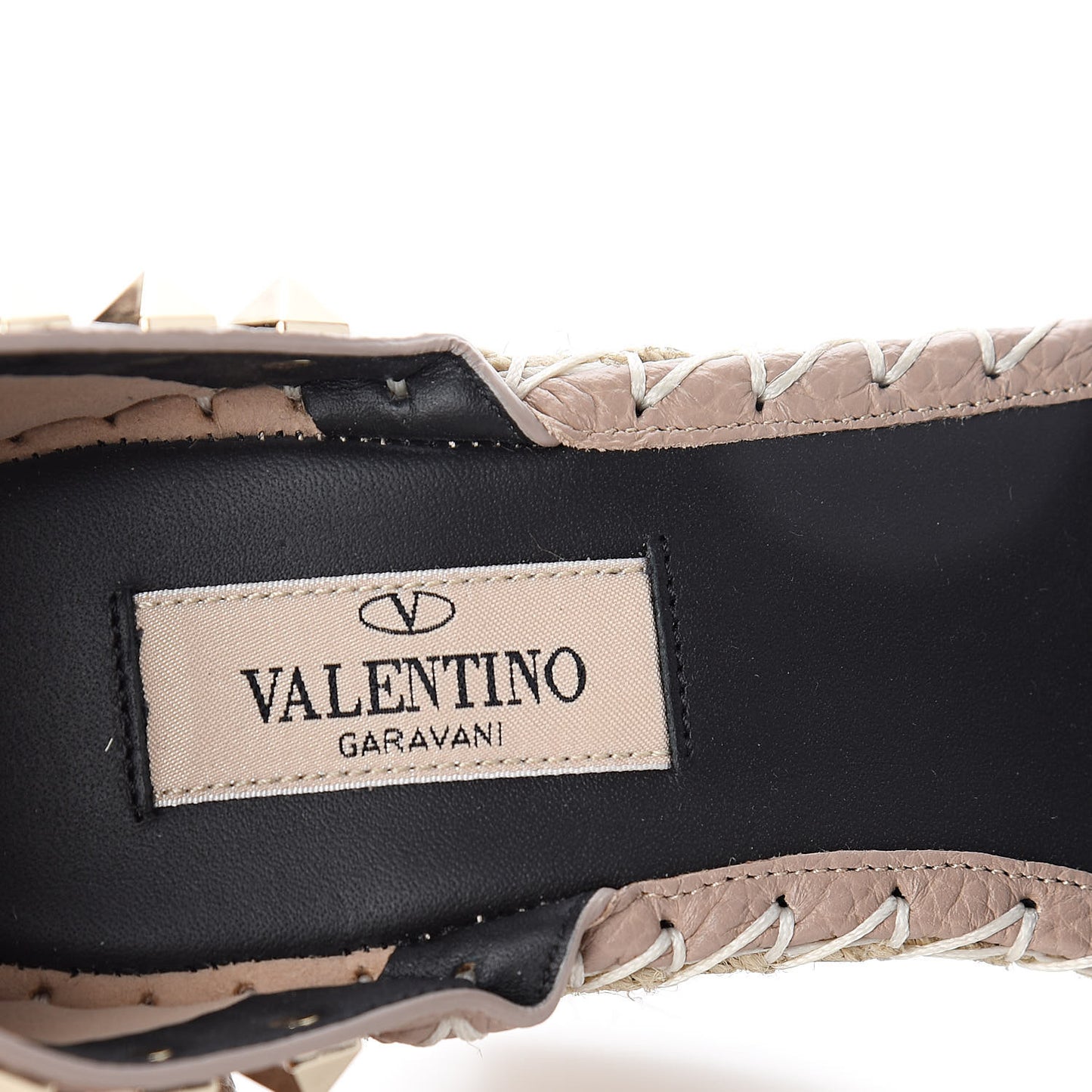 Grained Calfskin Rockstud Ankle Strap Espadrille 15/105mm Wedge Sandals 35 Poudre Natural