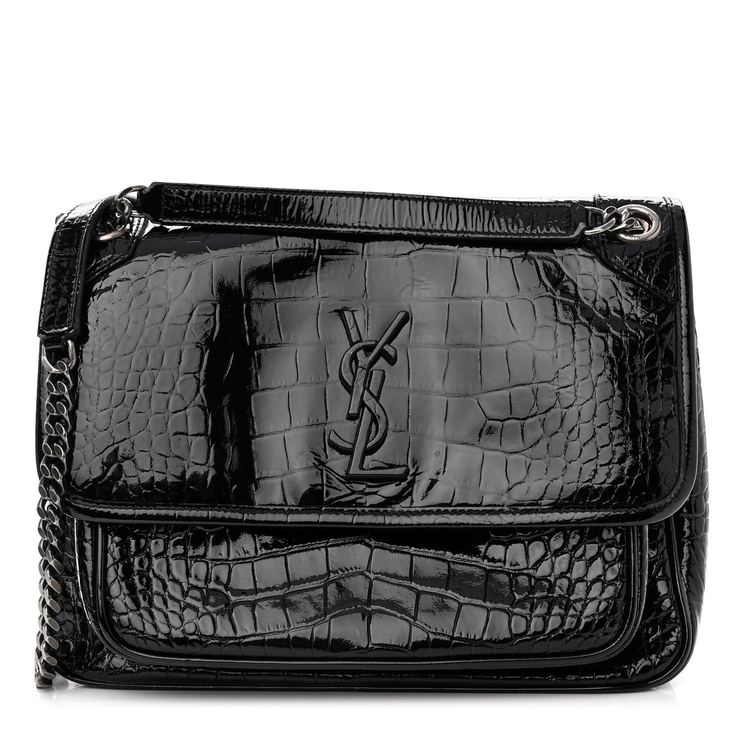 Patent Crocodile Embossed Lambskin Monogram Medium Niki Chain Satchel Black