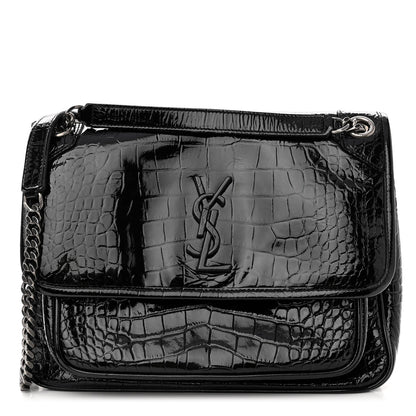 Saint Laurent Patent Crocodile Embossed Lambskin Monogram Medium Niki Chain Satchel Black 1 of 9