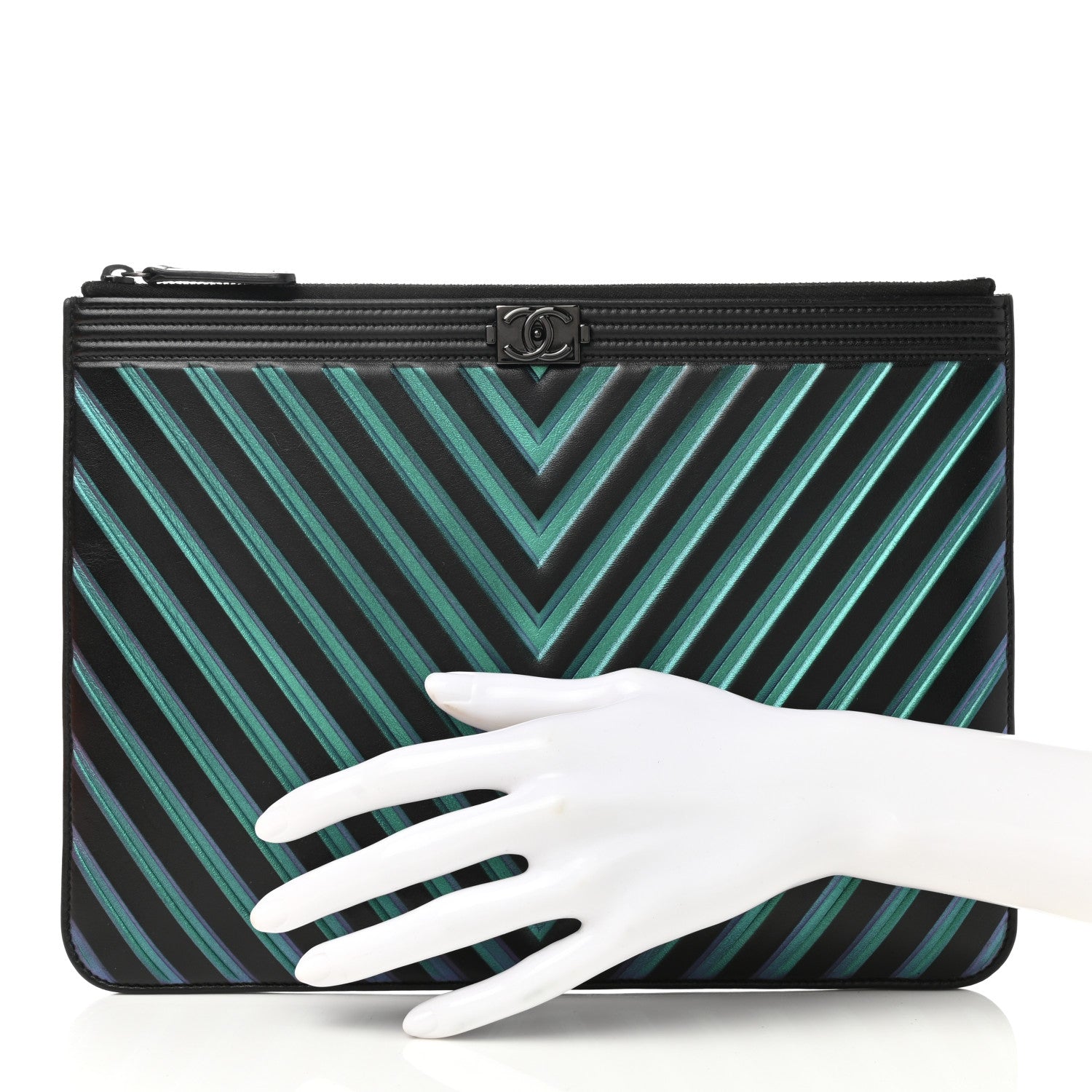 Chanel Calfskin Painted Chevron Embossed Large Boy Zip Pouch Black 2 of 9