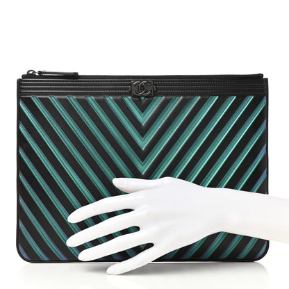 Chanel Calfskin Painted Chevron Embossed Large Boy Zip Pouch Black 2 of 9